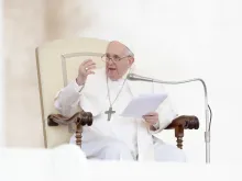 Pope Francis speaks at the general audience in St. Peter's Square on May 4, 2022.