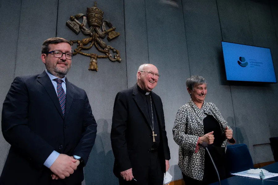 Cardinal Kevin Farrell, center, attends a press conference launching Pope Francis’ message for the second World Day for Grandparents and the Elderly at the Vatican, May 10, 2022. Daniel Ibáñez/CNA.