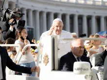 Pope Francis greets families in St. Peter's Square before Mass for the World Meeting of Families 2022 on June 25, 2022