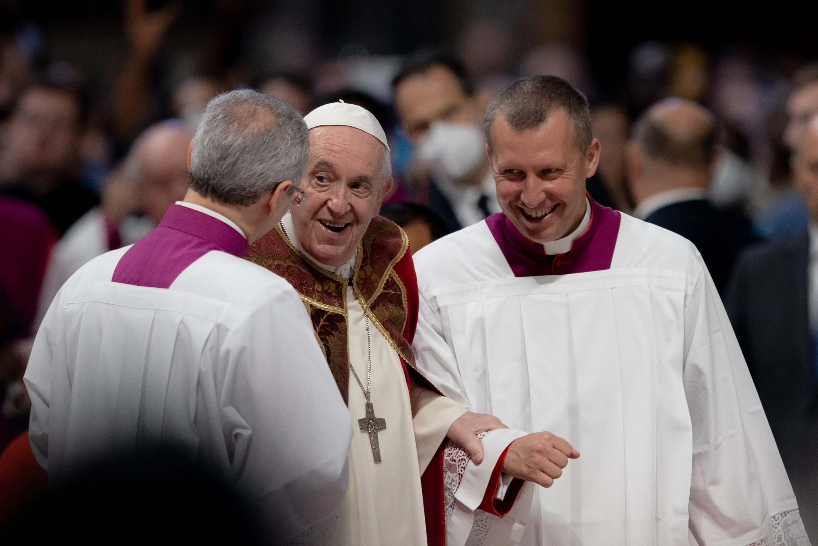 Pope Francis participated in the Mass for the Solemnity of St. Peter and St. Paul, patron saints of Rome, in St. Peter's Basilica at the Vatican. He presided over the opening rites of the Mass and gave the homily on June 29, 2022. Daniel Ibañez/CNA