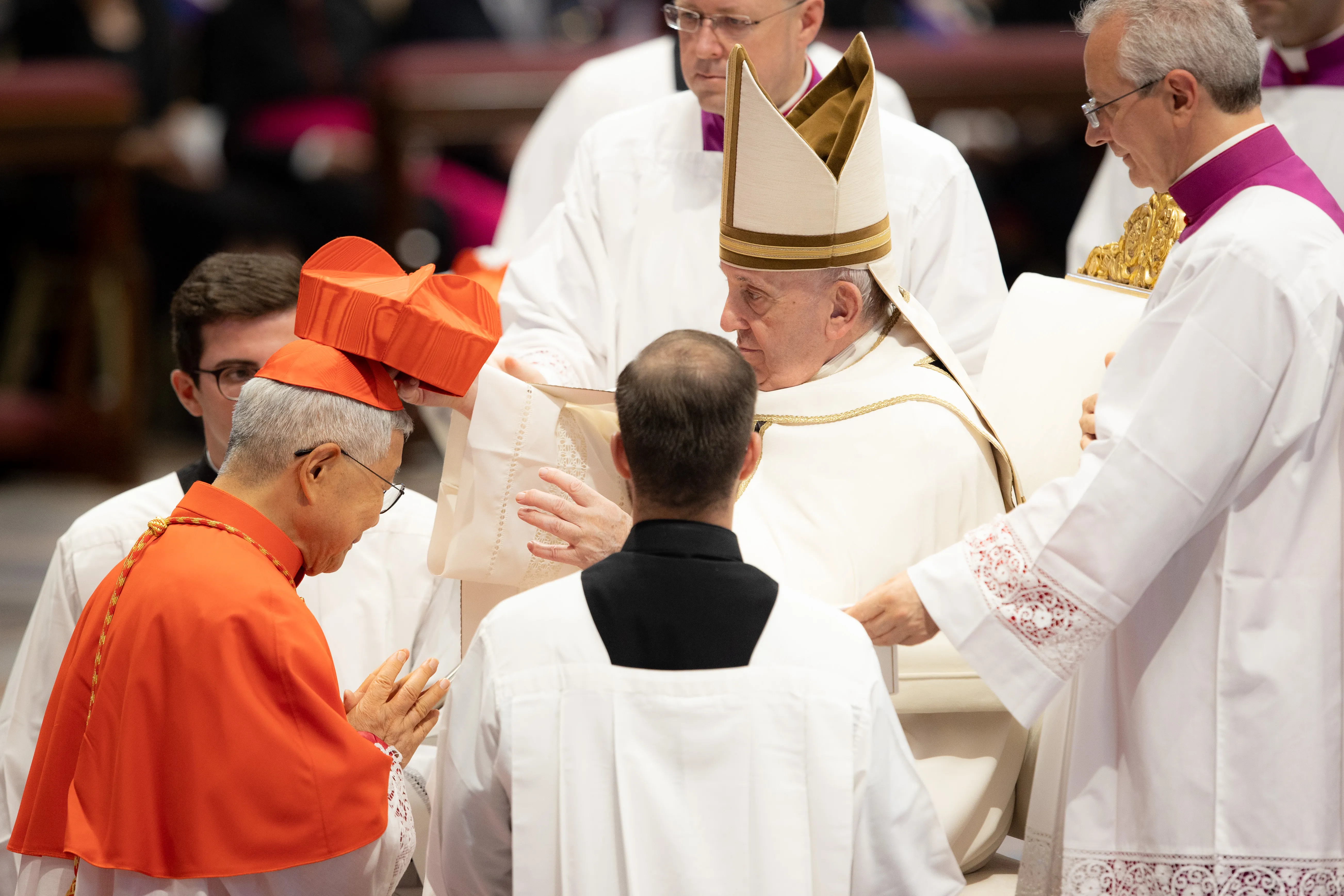 Cardinal Lazarus You Heung-sik receiving the scarlet biretta from Pope Francis in St. Peter's Basilica on Aug. 27, 2022. Daniel Ibáñez / CNA