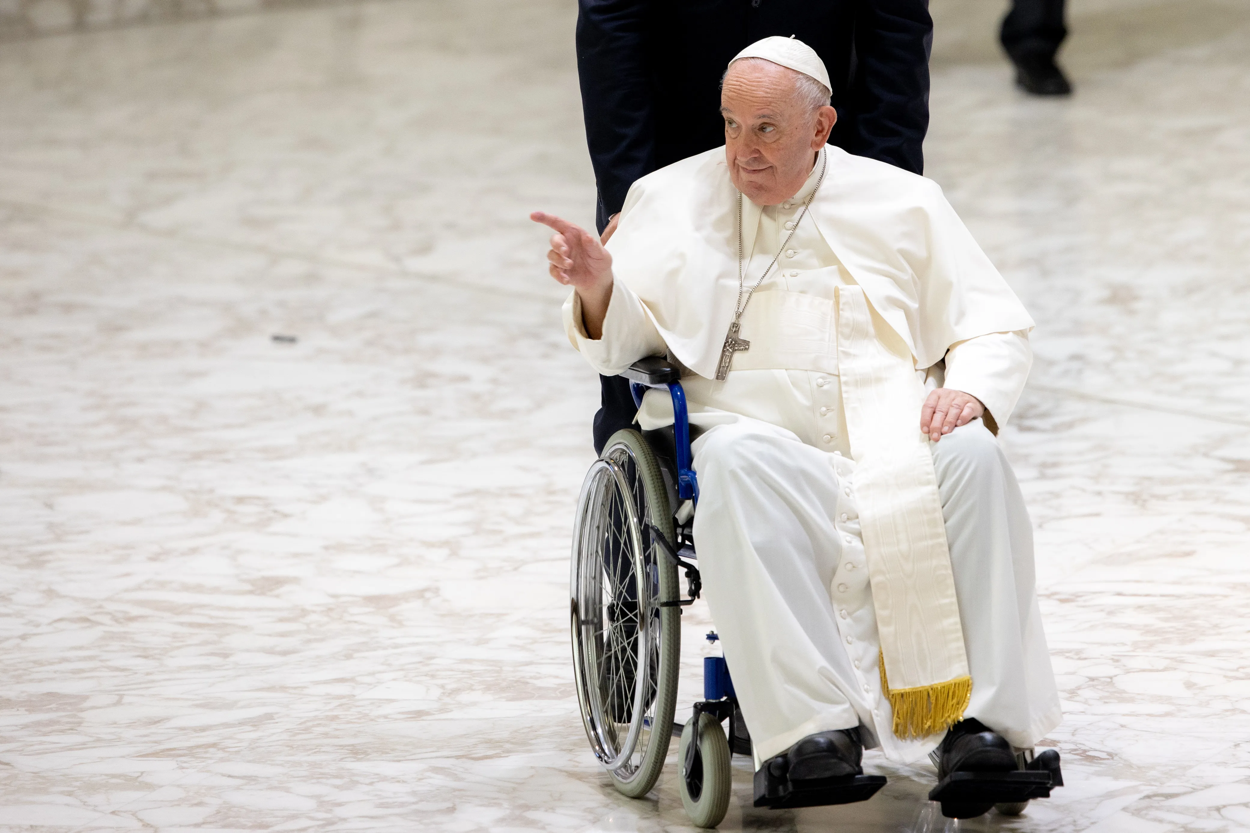 Pope Francis greeted the crowd in a wheelchair at the end of his general audience on Aug. 3, 2022. Daniel Ibanez/CNA