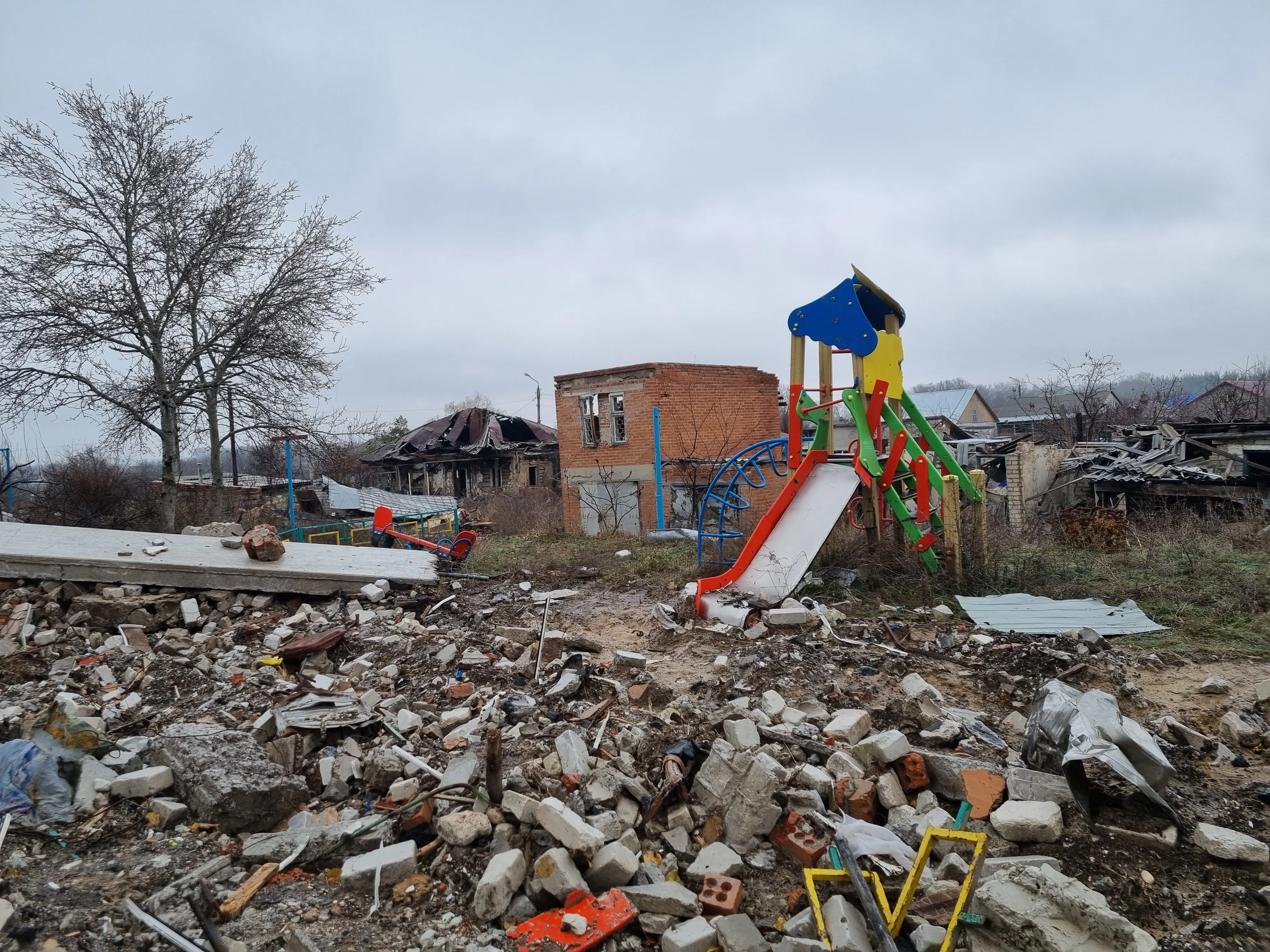 A playground destroyed by bombs among the ruins in Izium, Ukraine. Andrea Gagliarducci / CNA
