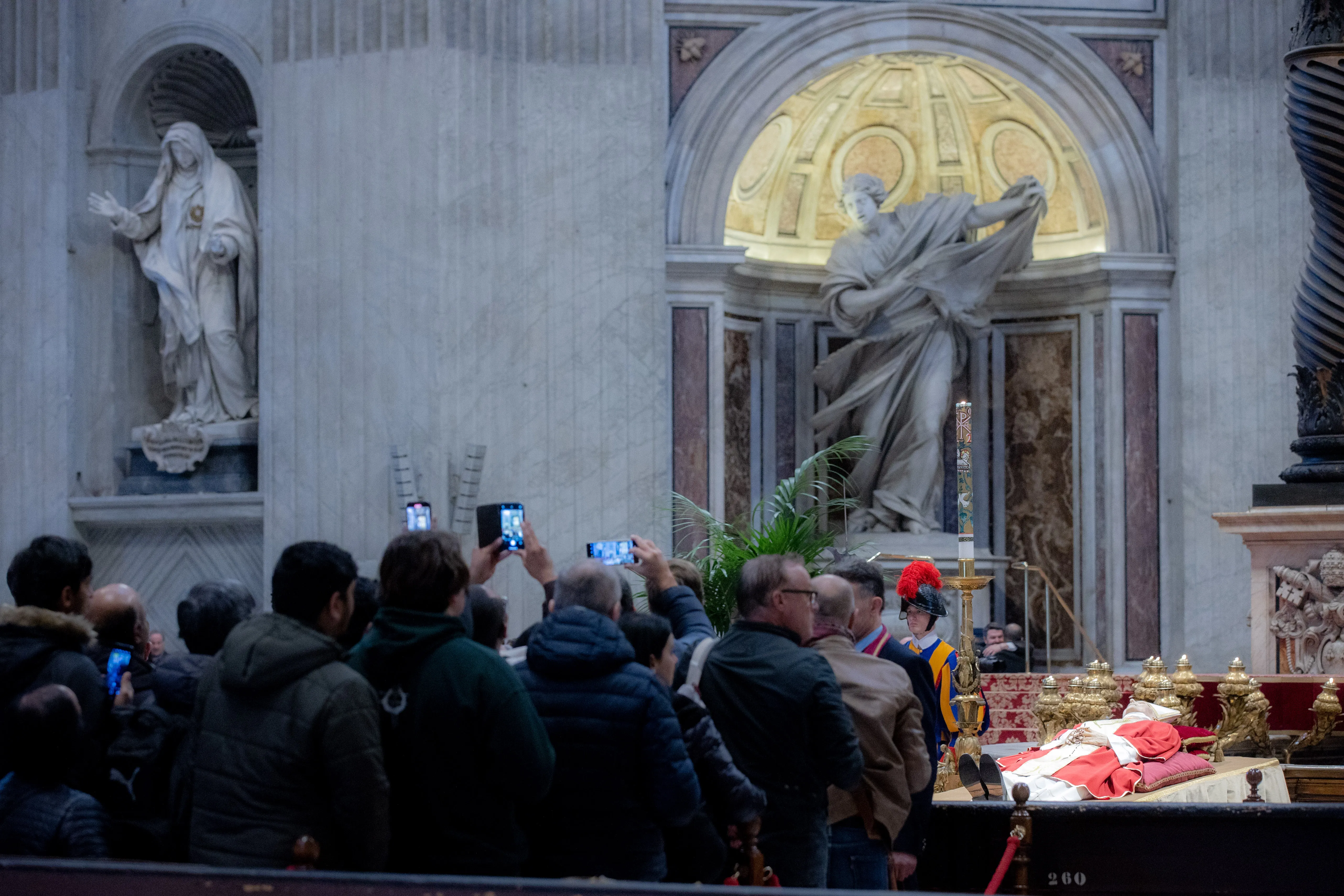 The mortal remains of Pope Emeritus Benedict XVI were moved early in the morning on Jan. 2, 2023, from his former residence in the Vatican's Mater Ecclesiae Monastery to St. Peter's Basilica, where the late pope is lying in state through Jan. 4. Thousands waited in line to pay their respects. Daniel Ibañez / EWTN