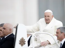 Pope Francis greets pilgrims from the pope mobile in St. Peter’s Square on April 5, 2023.