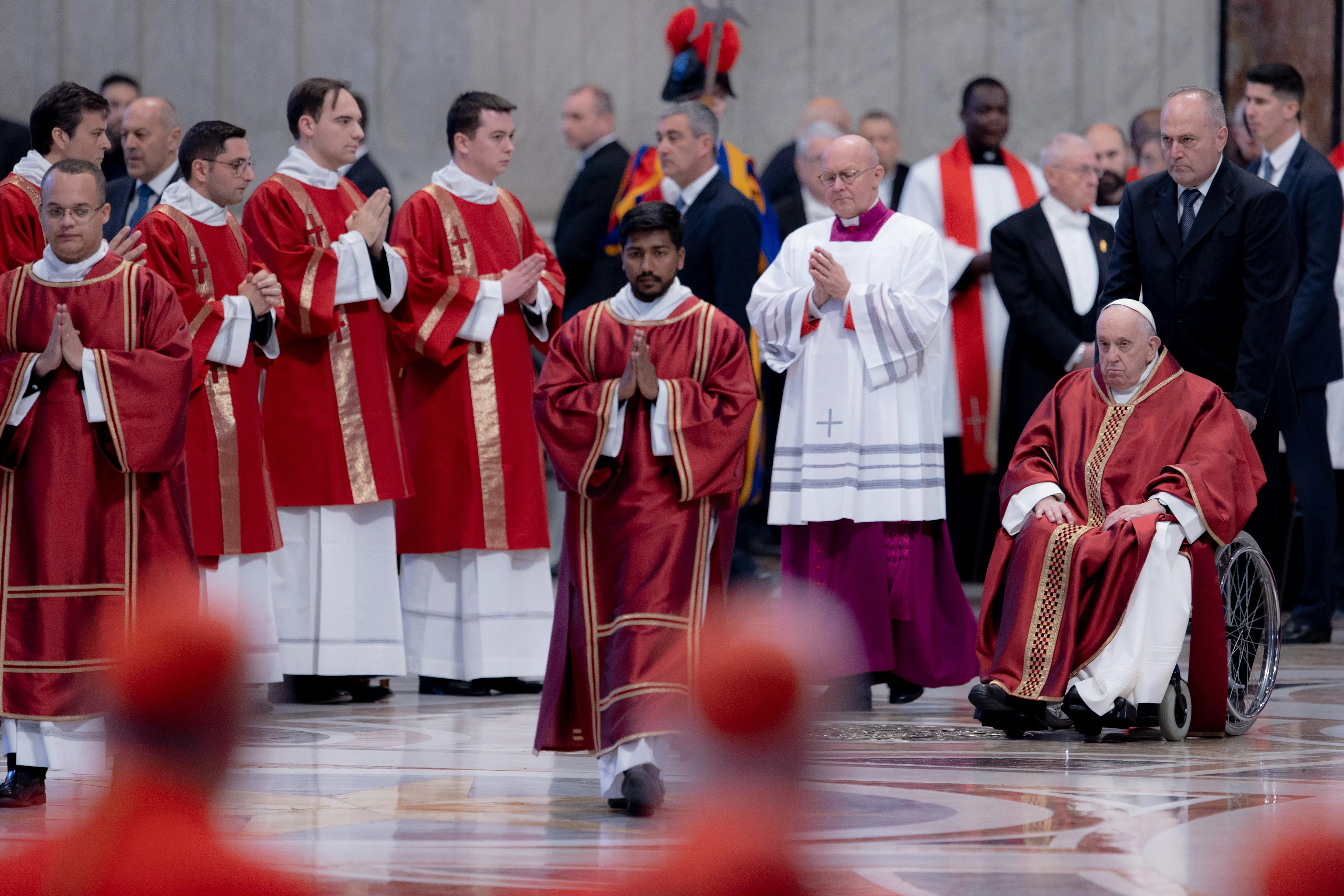 Pope Francis arrives at the Liturgy of the Lord’s Passion in St. Peter's Basilica on Good Friday on April 7, 2023. Daniel Ibanez/CNA