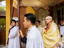 Cardinal James Michael Harvey presided over a eucharistic procession at the University of St. Thomas Aquinas, the Angelicum, in Rome on May 11, 2023. The 22nd edition of the annual procession was attended by about 130 students, faculty, and community members.