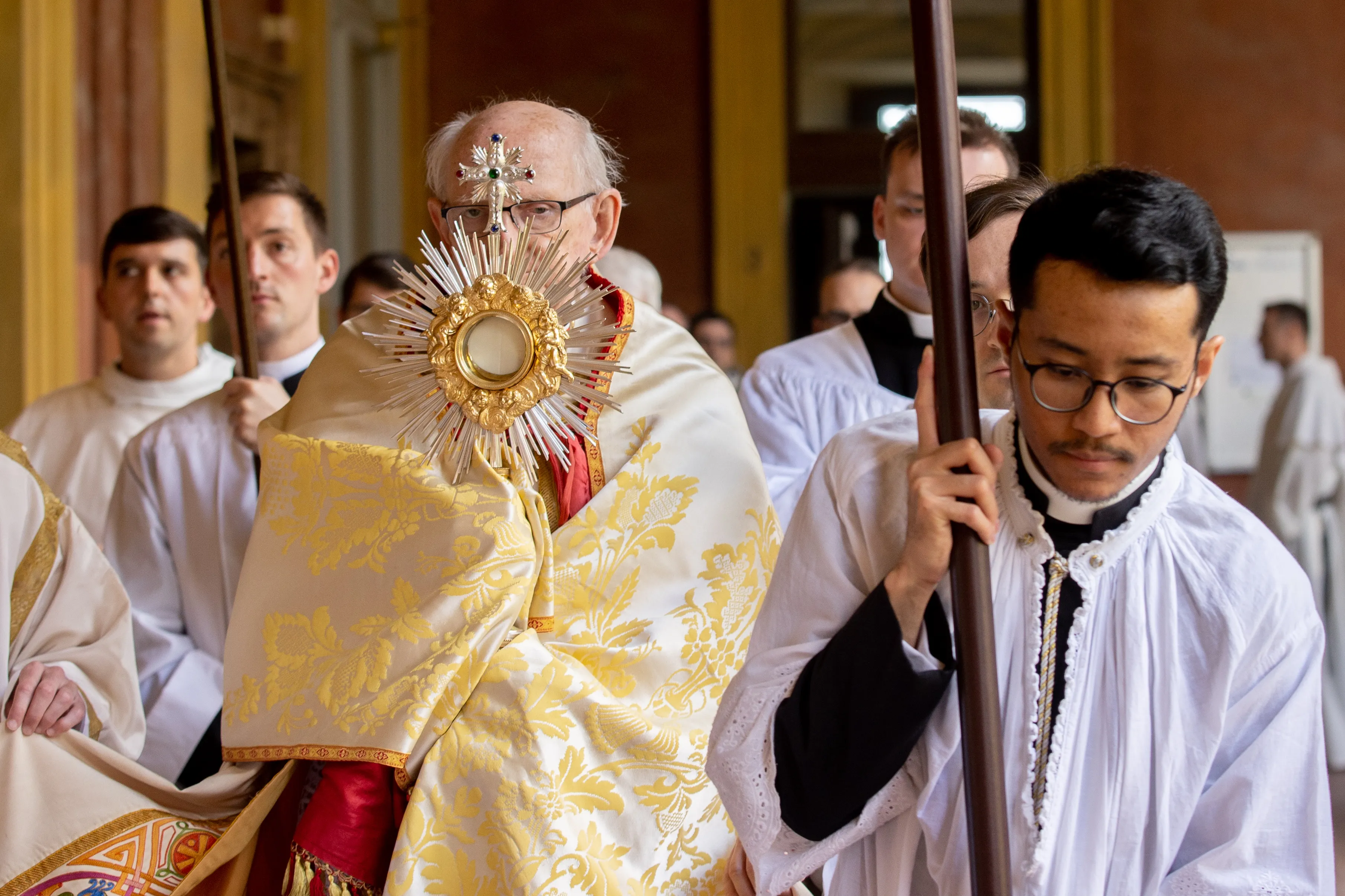 Cardinal James Michael Harvey presided over a eucharistic procession at the University of St. Thomas Aquinas, the Angelicum, in Rome on May 11, 2023. The 22nd edition of the annual procession was attended by about 130 students, faculty, and community members. Credit: Daniel Ibañez/CNA