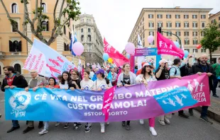 Members of an Italian pro-life and pro-family organization marched in the "Demonstration for Life" May 20, 2023, with a banner saying "There's life in the mother's womb. Let's care for it. #stopabortion" Daniel Ibanez/CNA
