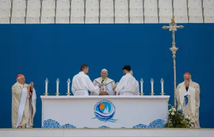 Pope Francis celebrates Mass for an estimated 50,000 people at the Vélodrome Stadium in Marseille, France, the last stop in his Sept. 22-23, 2023, visit to the port city to speak at an ecumenical meeting of young people and bishops called the “Rencontres Mediterraneennes,” or Mediterranean Encounter. Daniel Ibanez/CNA