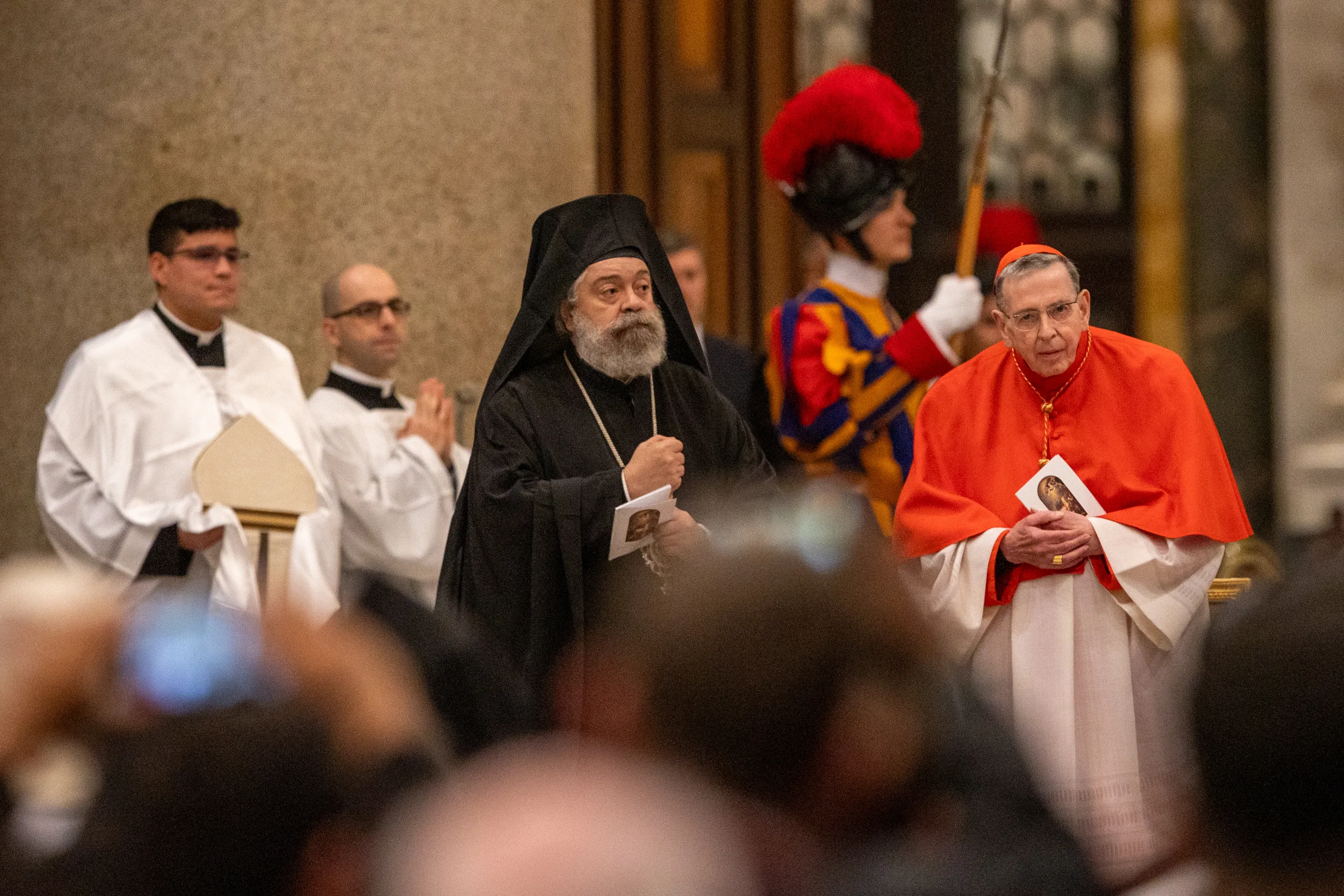 Metropolitan Polycarp of Italy, representing the Ecumenical Patriarchate of Constantinople, and Cardinal Kurt Koch, prefect of the Vatican Dicastery for Promoting Christian Unity, participate in an ecumenical second vespers at the Basilica of St. Paul Outside the Walls in Rome on the feast of the Conversion of St. Paul, Jan. 25, 2024. Credit: Daniel Ibañez/CNA