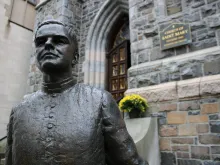 A statue of Blessed Michael McGivney, sculpted by Stanley Bliefeld, is displayed outside of St. Mary’s Church in New Haven, Connecticut.