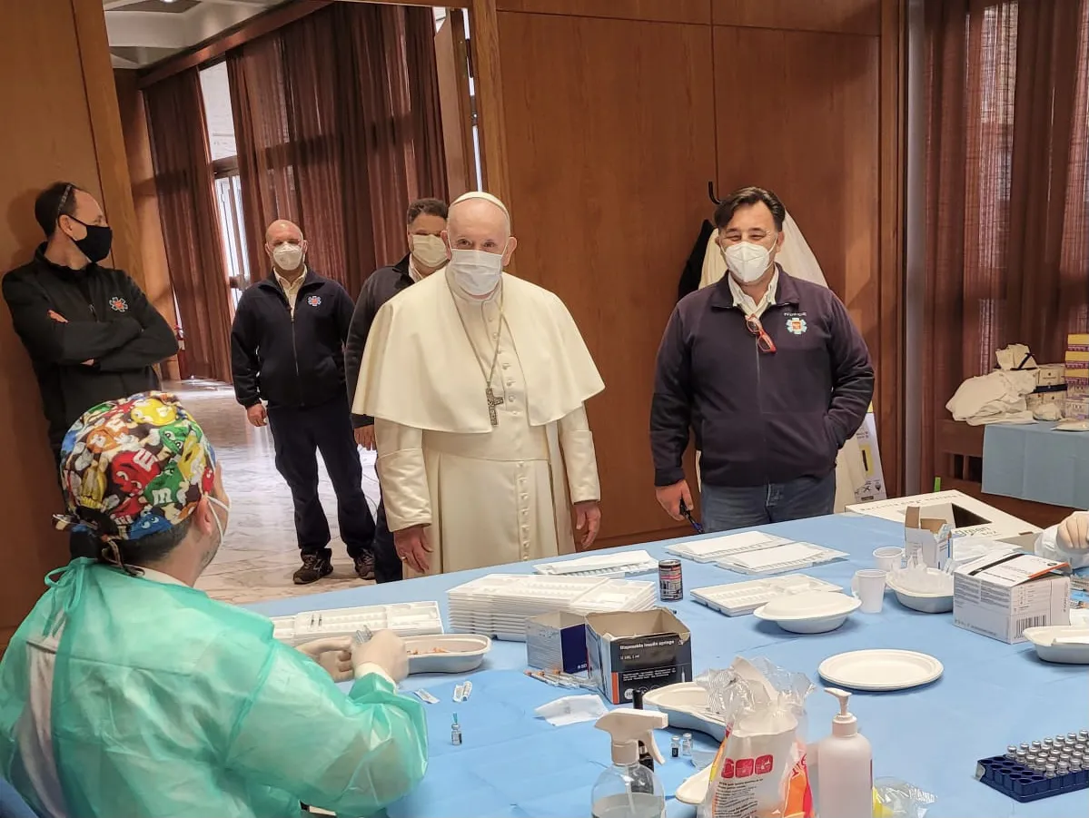 Pope Francis greets medical workers administering the vaccine against COVID-19 April 2, 2021. / Credit: Holy See Press Office.