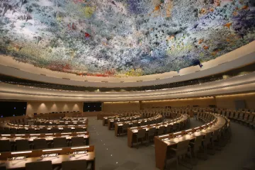 The meeting room of the United Nations Human Rights Council, in the Palace of Nations in Geneva, Switzerland.