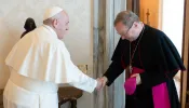 Bishop Georg Bätzing, chairman of the German bishops’ conference, meets with Pope Francis at the Vatican, June 24, 2021.