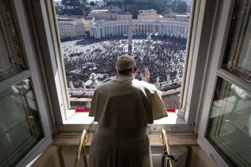 Pope Francis greets the crowd at his Sunday Angelus address on Jan. 29, 2023.