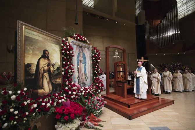 Archbishop Jose Gomez of Los Angeles venerates an image of Our Lady of Guadalupe at the Catheral of Our Lady of the Angels, Dec. 12, 2017.?w=200&h=150