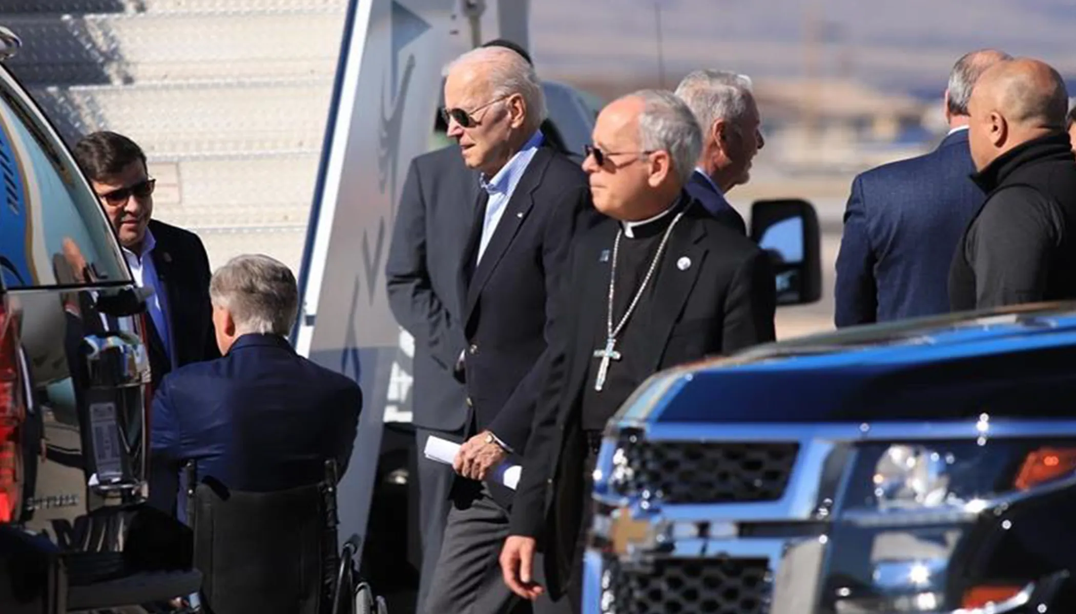 Bishop Seitz welcomes President Biden at the El Paso airport as he begins his first trip to the border as president Jan. 8, 2023.?w=200&h=150