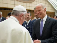 Pope Francis greets then-U.S. Vice President Joe Biden at the Vatican in this April 29, 2016.