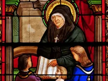 A stained glass window depicting Blessed Marie Rivier in the motherhouse of Sisters of the Presentation of Mary in France.