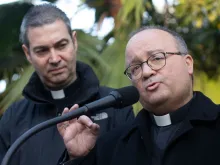 Vatican's top abuse investigator Maltese archbishop Charles Scicluna (right) and fellow papal envoy Monsignor Jordi Bertomeu give a press conference at the Apostolic Nunciature in Santiago, Chile, on June 19, 2018.