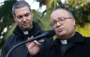 Vatican's top abuse investigator Maltese archbishop Charles Scicluna (right) and fellow papal envoy Monsignor Jordi Bertomeu give a press conference at the Apostolic Nunciature in Santiago, Chile, on June 19, 2018. Claudio Reyes/AFP via Getty Images