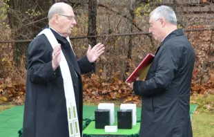 Bishop Robert Deeley leads a committal of unclaimed cremated remains at the Old Cemetery at Calvary in South Portland, Maine, Nov. 22, 2021. Diocese of Portland