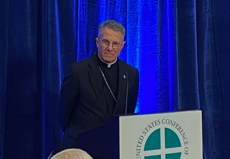 Archbishop Timothy Broglio, the newly elected president of the United States Conference of Catholic Bishops, meets with reporters in Baltimore on Nov. 15, 2022.?w=200&h=150