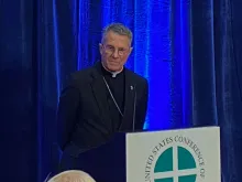 Archbishop Timothy Broglio, the newly elected president of the United States Conference of Catholic Bishops, meets with reporters in Baltimore on Nov. 15, 2022.