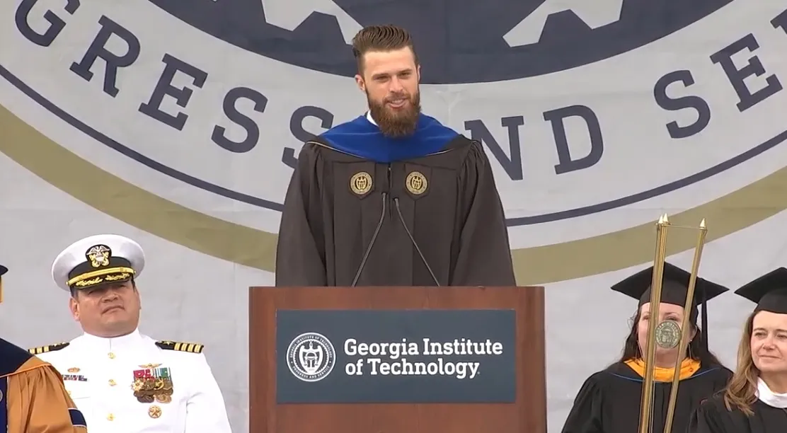 Two-time Super Bowl champion kicker Harrison Butker of the Kansas City Chiefs delivers his speech to graduates at Georgia Tech on Saturday, May 6, 2023.?w=200&h=150
