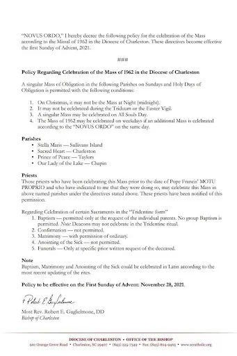 The new policy of the Diocese of Charleston, S.C., regarding the use of the Traditional Latin Mass. CNA