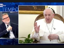 Pope Francis speaks in an interview with the Italian TV talk show Che Tempo Che Fa on Feb. 6, 2022.