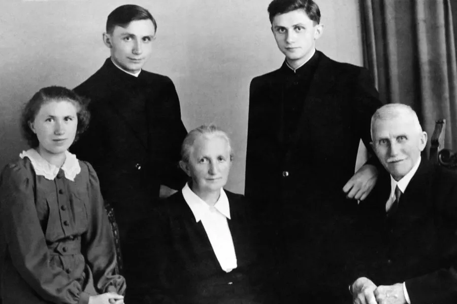 A Ratzinger family photo with (L to R) Maria, Georg, Maria (mother), Joseph, and Joseph Ratzinger, Sr., circa 1951. Photo courtesy of Ignatius Press.