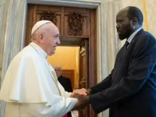 Pope Francis greets South Sudan’s President Salva Kiir at the Vatican on March 16, 2019.