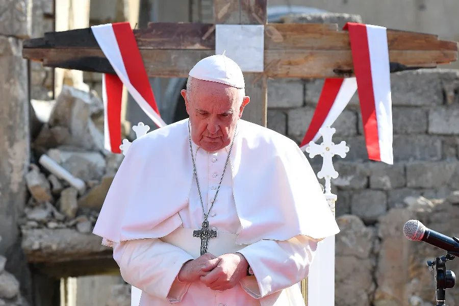 Pope Francis prays at Hosh al-Bieaa (Church square) in Mosul, Iraq, on March 7, 2021.?w=200&h=150