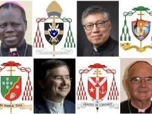 Archbishop Stephen Ameyu Martin Mulla of Juba and his episcopal coat of arms (top left); Bishop Stephen Chow of Hong Kong and his episcopal coat of arms (top right); Bishop Américo Aguiar of Setúbal, Portugal, and his coat of arms (bottom left); Archbishop Stephen Brislin of Cape Town and his coat of arms.