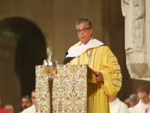 Peter Kilpatrick, the new president of The Catholic University of America, addresses students, staff, and faculty at the Mass of the Holy Spirit on Sept. 1, 2022, at the Basilica of the National Shrine of the Immaculate Conception in Washington, D.C.