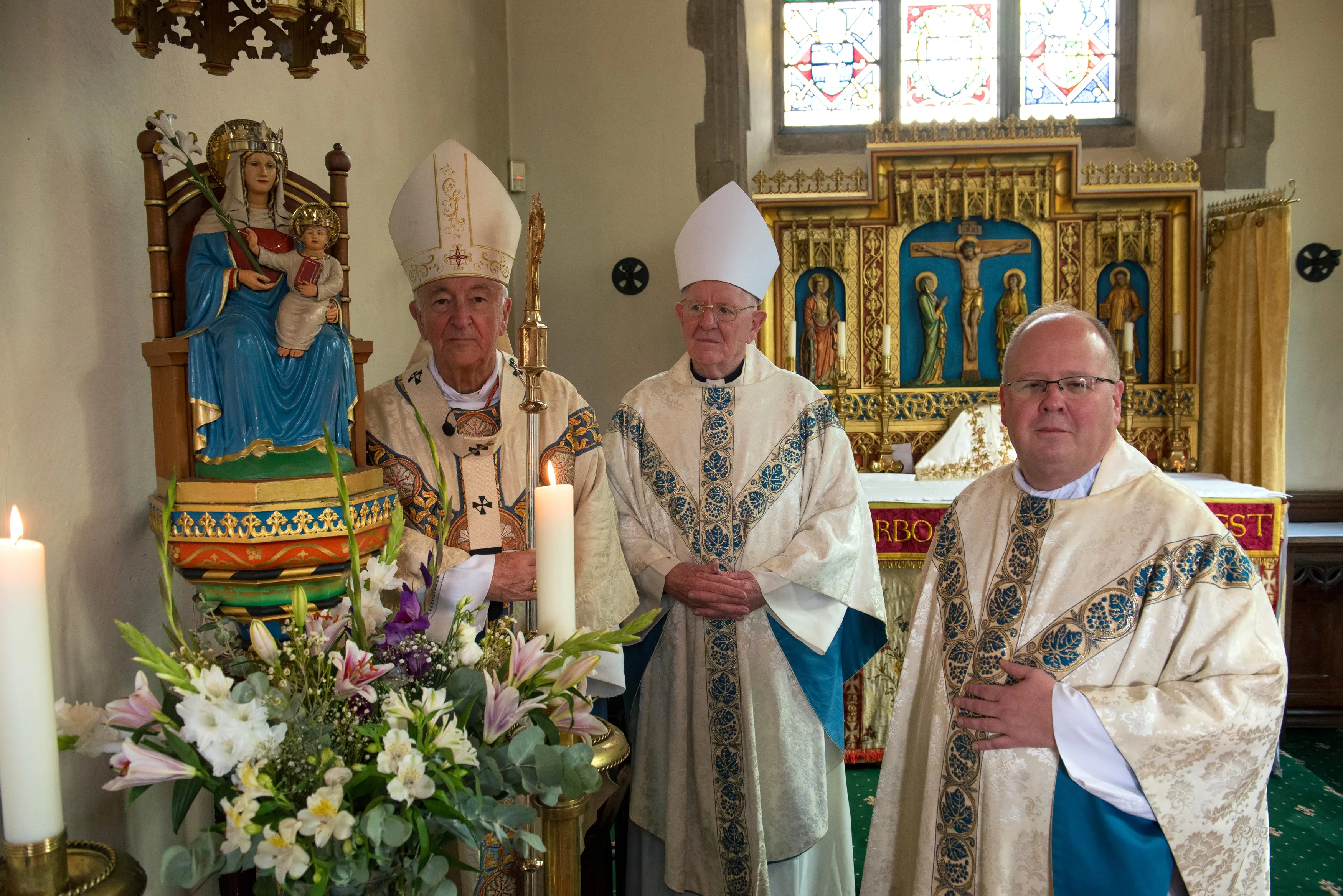 The new Rector Father Robert Billing with Cardinal Vincent Nichols (Archbishop of Westminster and the Primate of England and Wales) and Bishop Michael Campbell, OSA (Bishop Emeritus of Lancaster) in the Slipper Chapel on the occasion of Archdiocese of Westminster pilgrimage to Walsingham, the day before Father Billings' official induction as the new Rector. Sept 23, 2023. Credit: Marcin Mliczko