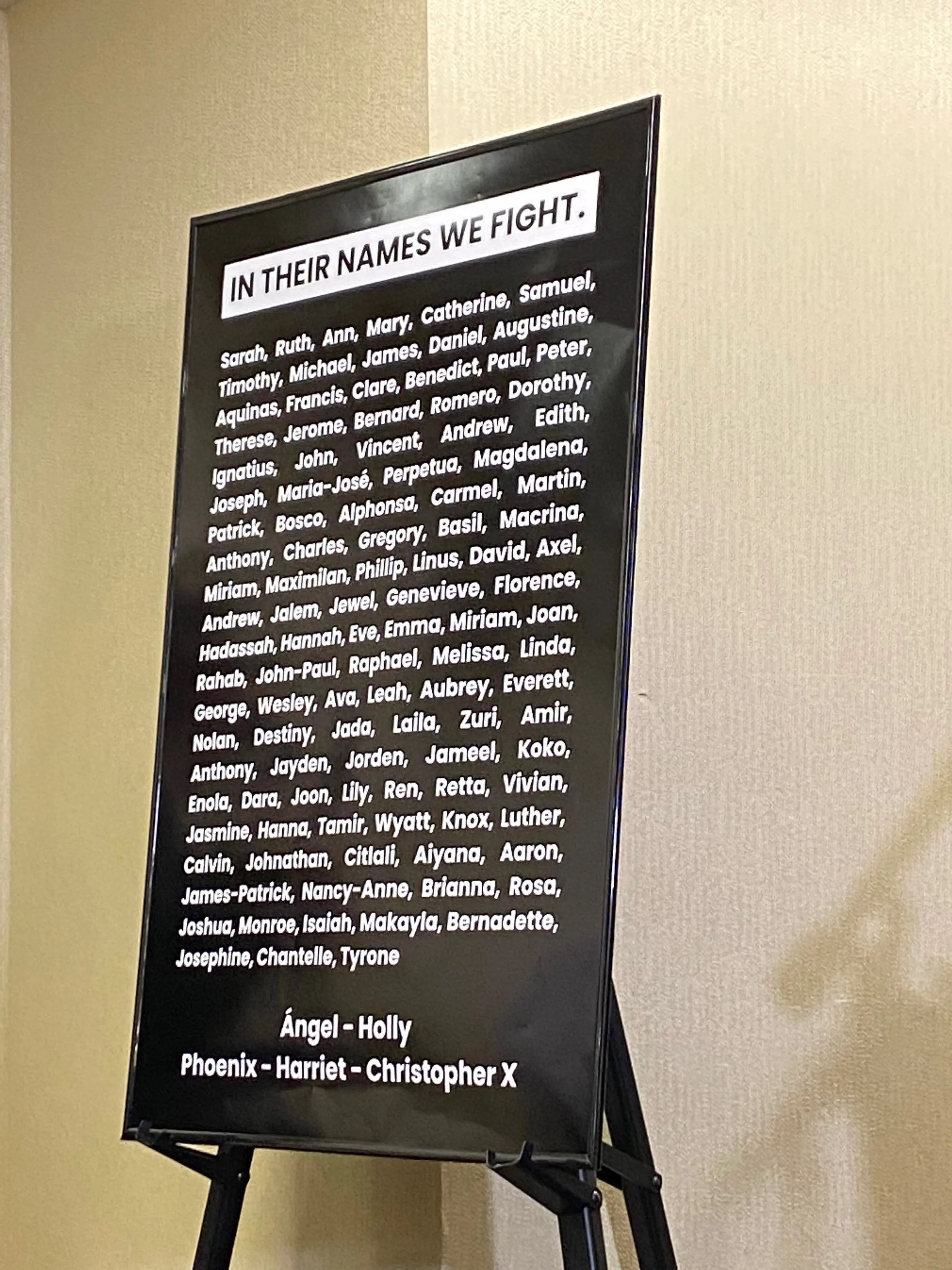 A sign displaying the names that members of the Progressive Anti-Abortion Uprising (PAAU) say they gave to more than 100 aborted babies whose remains the group claims were discarded by an abortion clinic in Washington, D.C. The group said at a press conference on April 5, 2022 in Washington, D.C., that it arranged for a funeral Mass and dignified burials for 110 of the unborn babies. The remains of five late-term babies remained in police custody as of April 5. Katie Yoder/CNA
