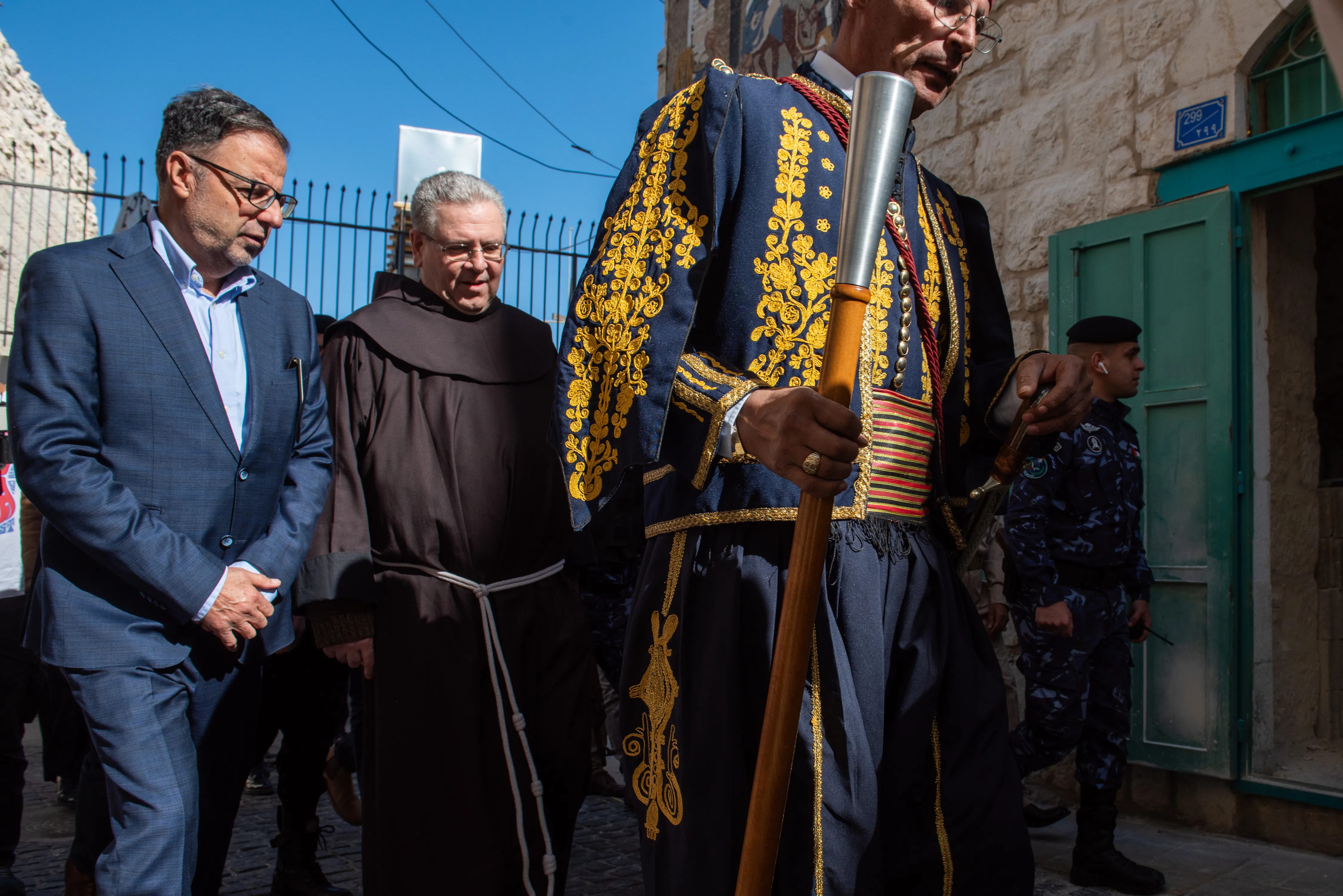 Custos of the Holy Land Father Francis Patton walks along Star Street in Bethlehem during his solemn entrance on Saturday, Dec. 2, 2023, for the beginning of Advent. In front of him is one of the Kawas serving the Custody of the Holy Land. Credit: Marinella Bandini