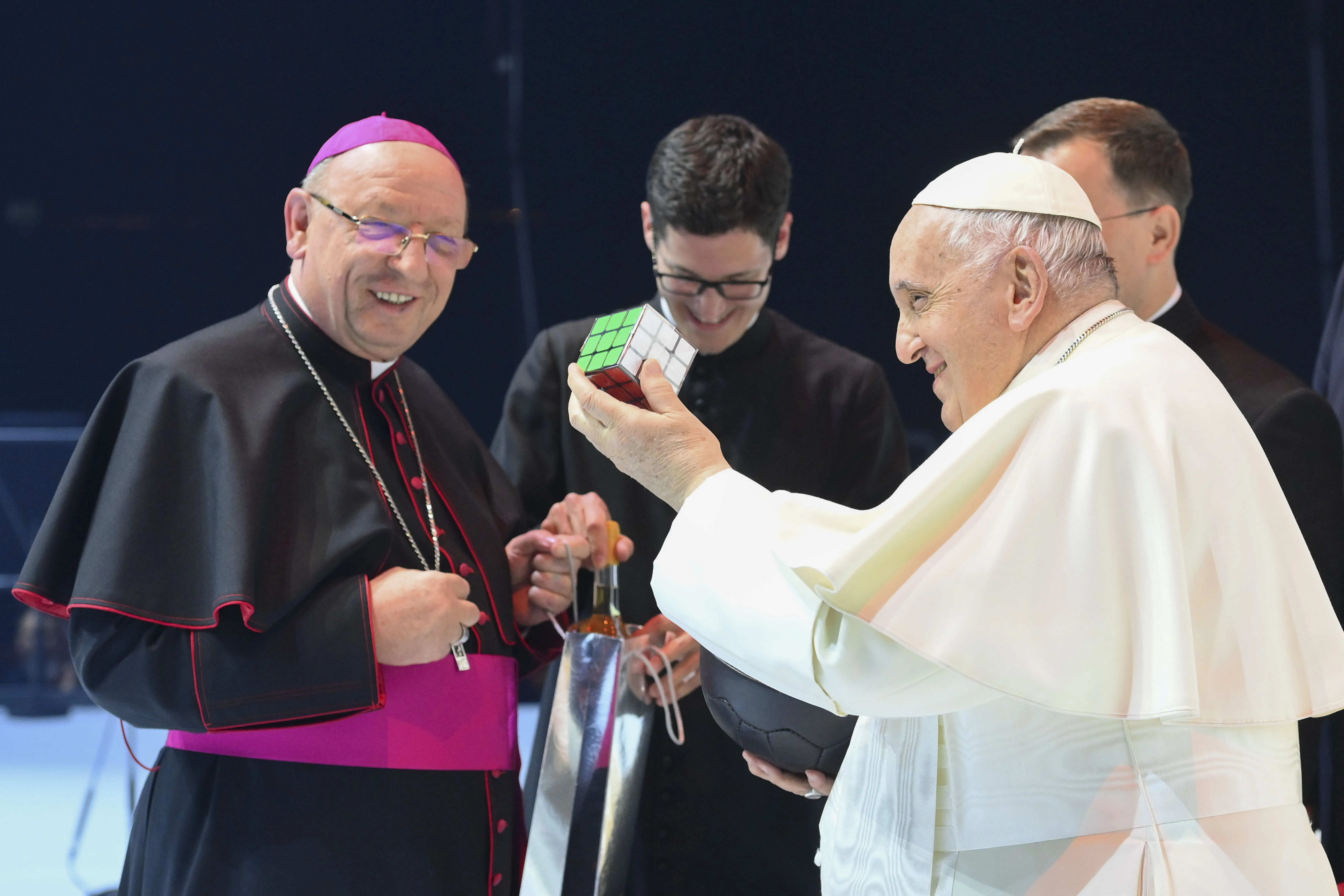 Pope Francis holds a puzzle cube during his meeting with young people at a sports arena in Budapest, Hungary, on April 29, 2023.?w=200&h=150