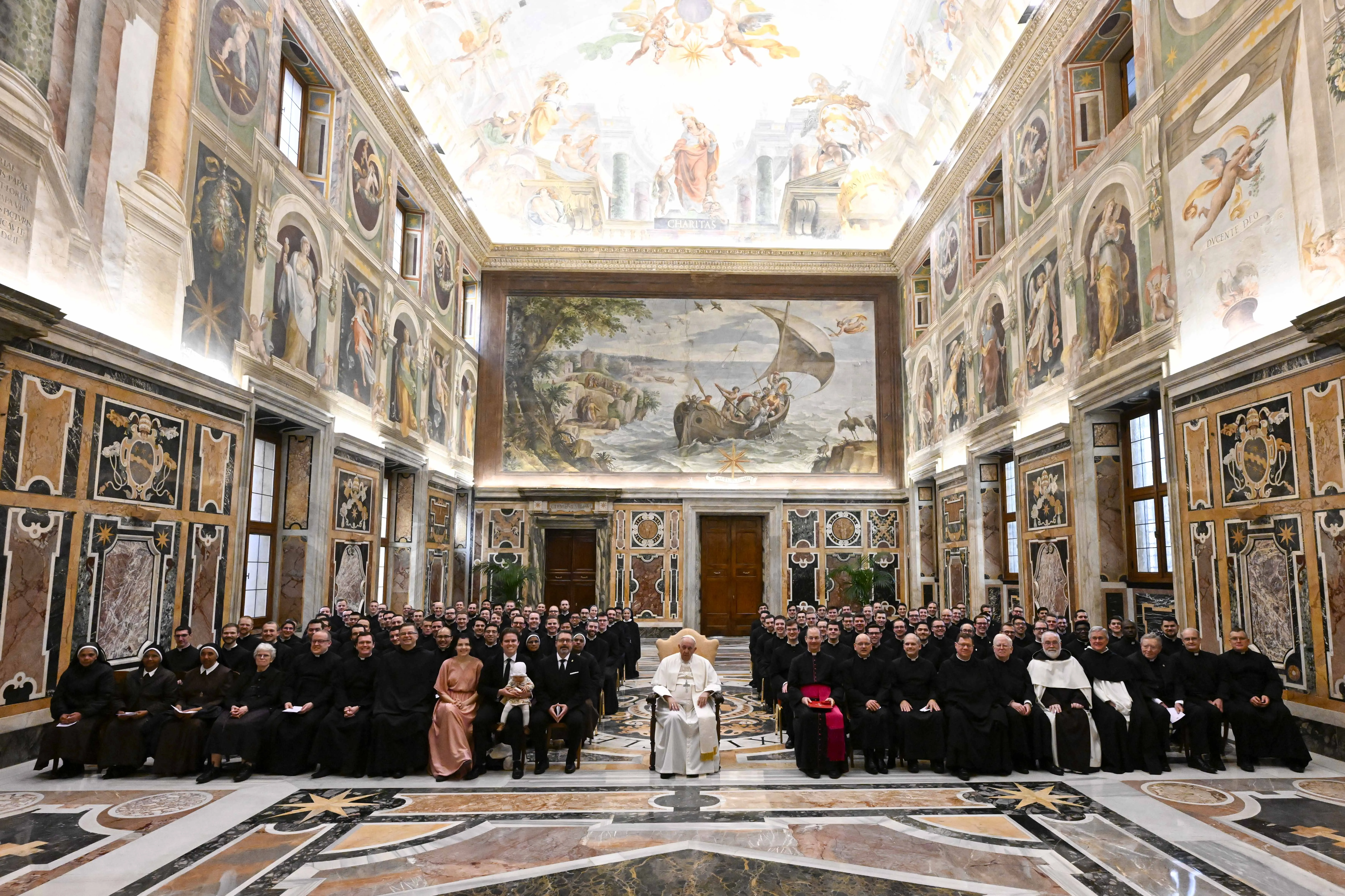 Pope Francis met with seminarians, staff, and faculty of the Ponitifical North American College in the Vatican's Apostolic Palace on Jan. 14, 2023. Vatican Media