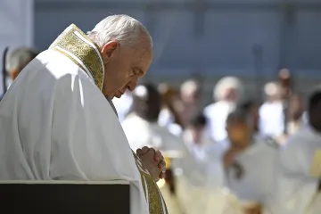 Pope Francis prays in L'Aquila, Italy on Aug. 28, 2022.