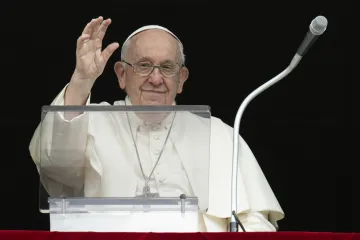 Pope Francis greets the crowd at his Regina Caeli address on May 14, 2023.