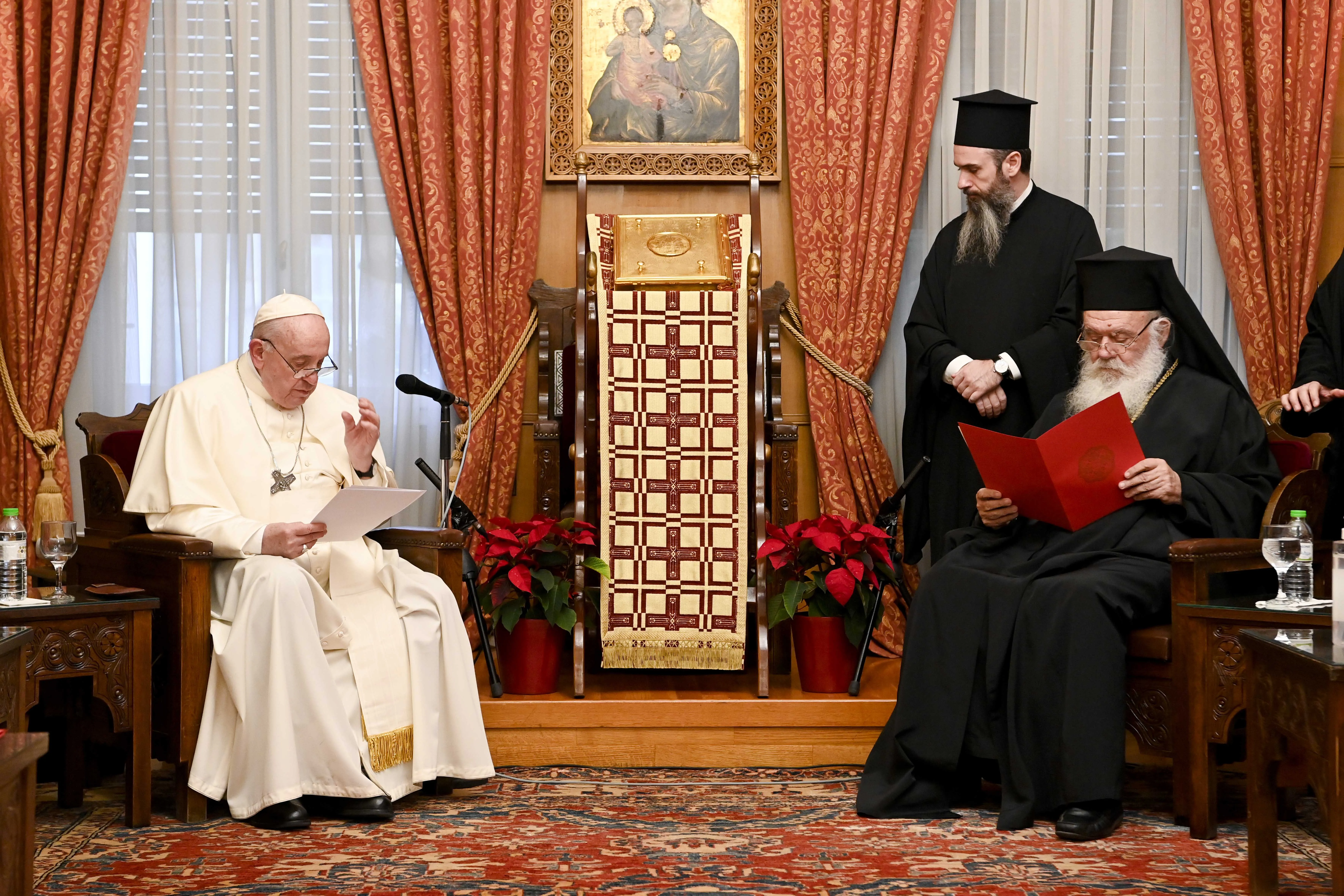 Pope Francis speaks to His Beatitude Ieronymos II and other Greek Orthodox leaders in Athens Dec. 4.?w=200&h=150