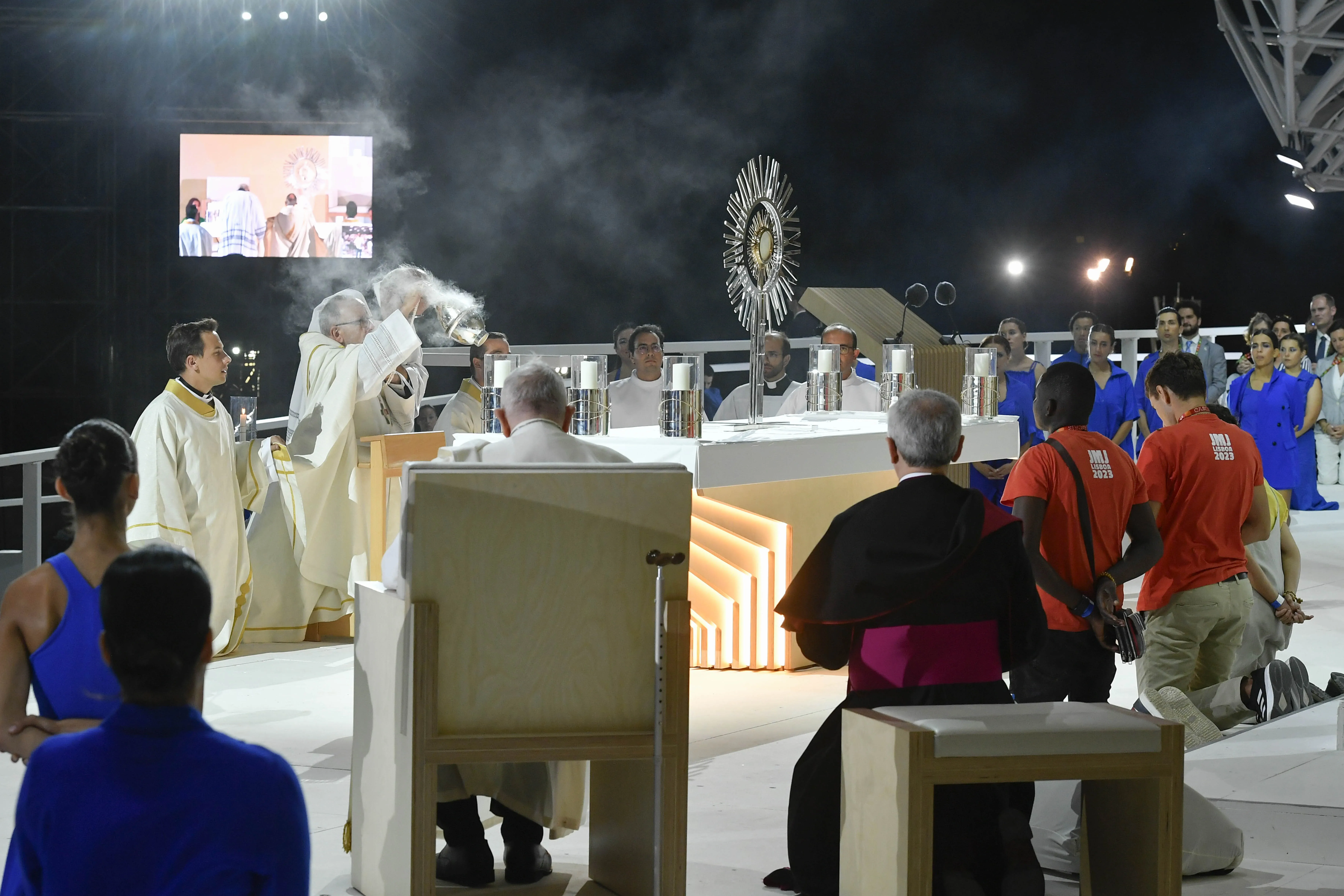 Eucharistic adoration followed an address by Pope Francis at the Saturday vigil for World Youth Day in Lisbon, Portugal’s Parque Tejo on Aug. 5, 2023. Credit: Vatican Media