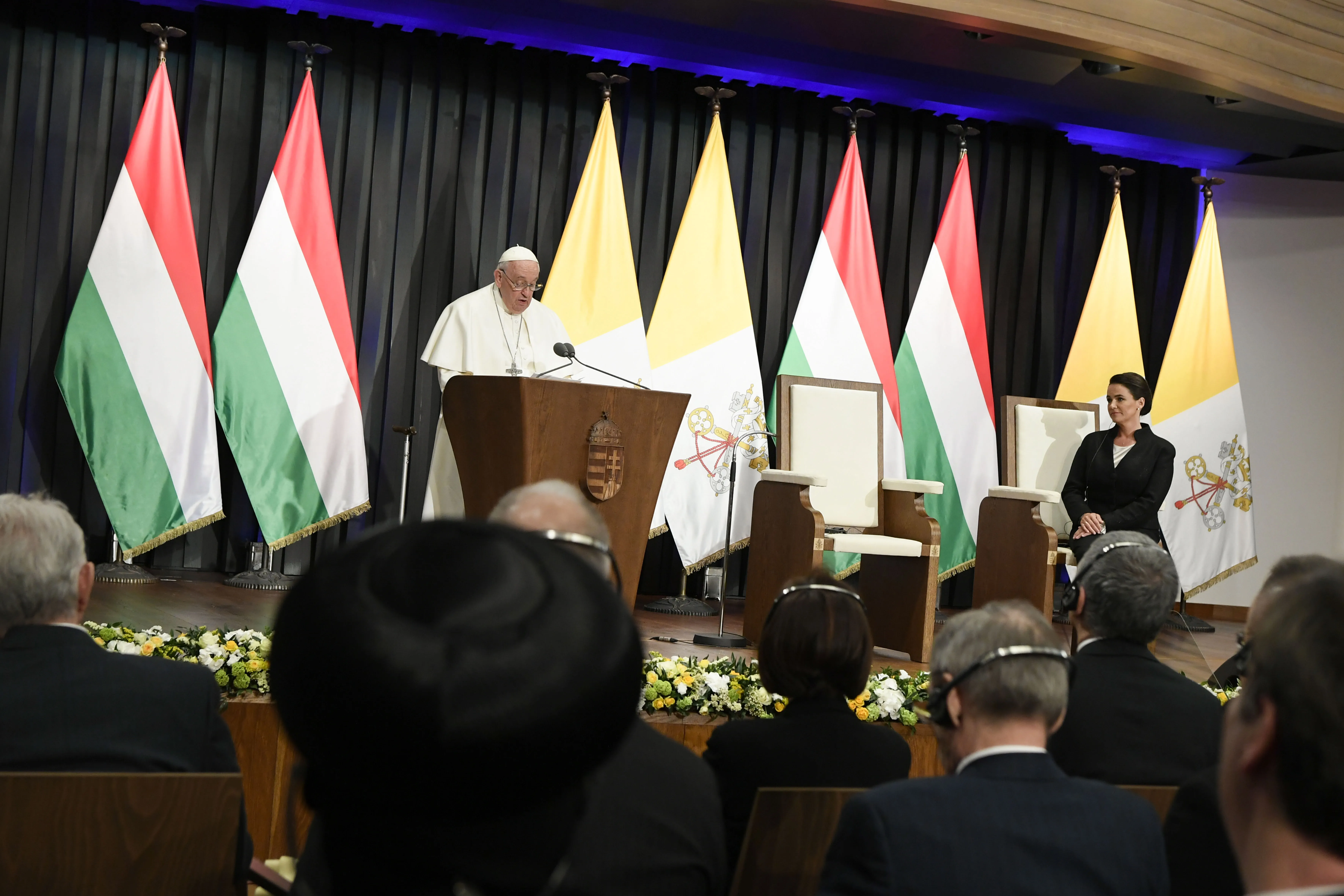 Pope Francis addresses civil authorities and other dignitaries at a former a Carmelite monastery in Budapest, Hungary, on April 28, 2023, on the first day of his three-day pilgrimage to the country.?w=200&h=150