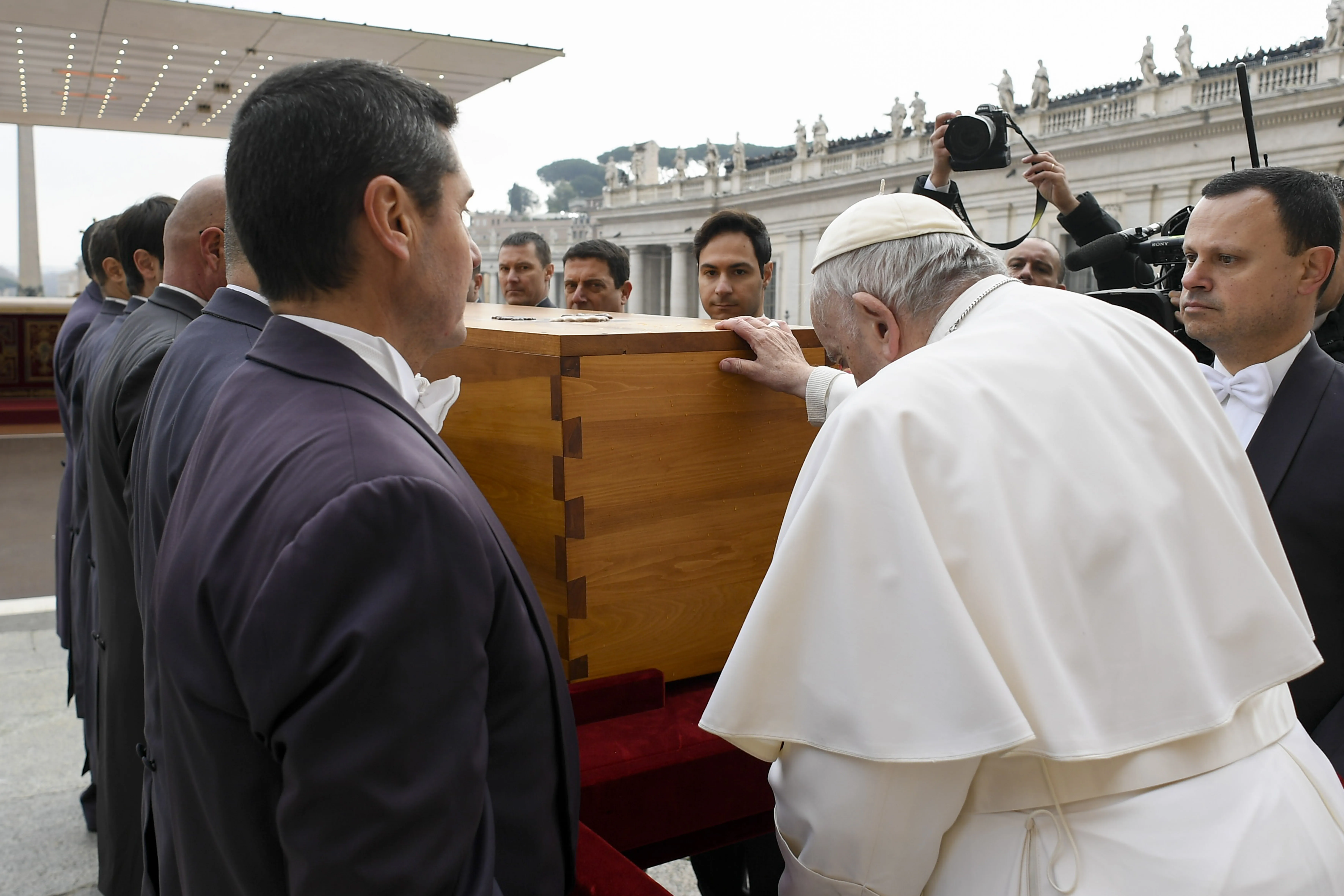 Pope Francis blesses the coffin of Pope Benedict XVI at his funeral on Jan. 5, 2023, at the Vatican. Vatican Media