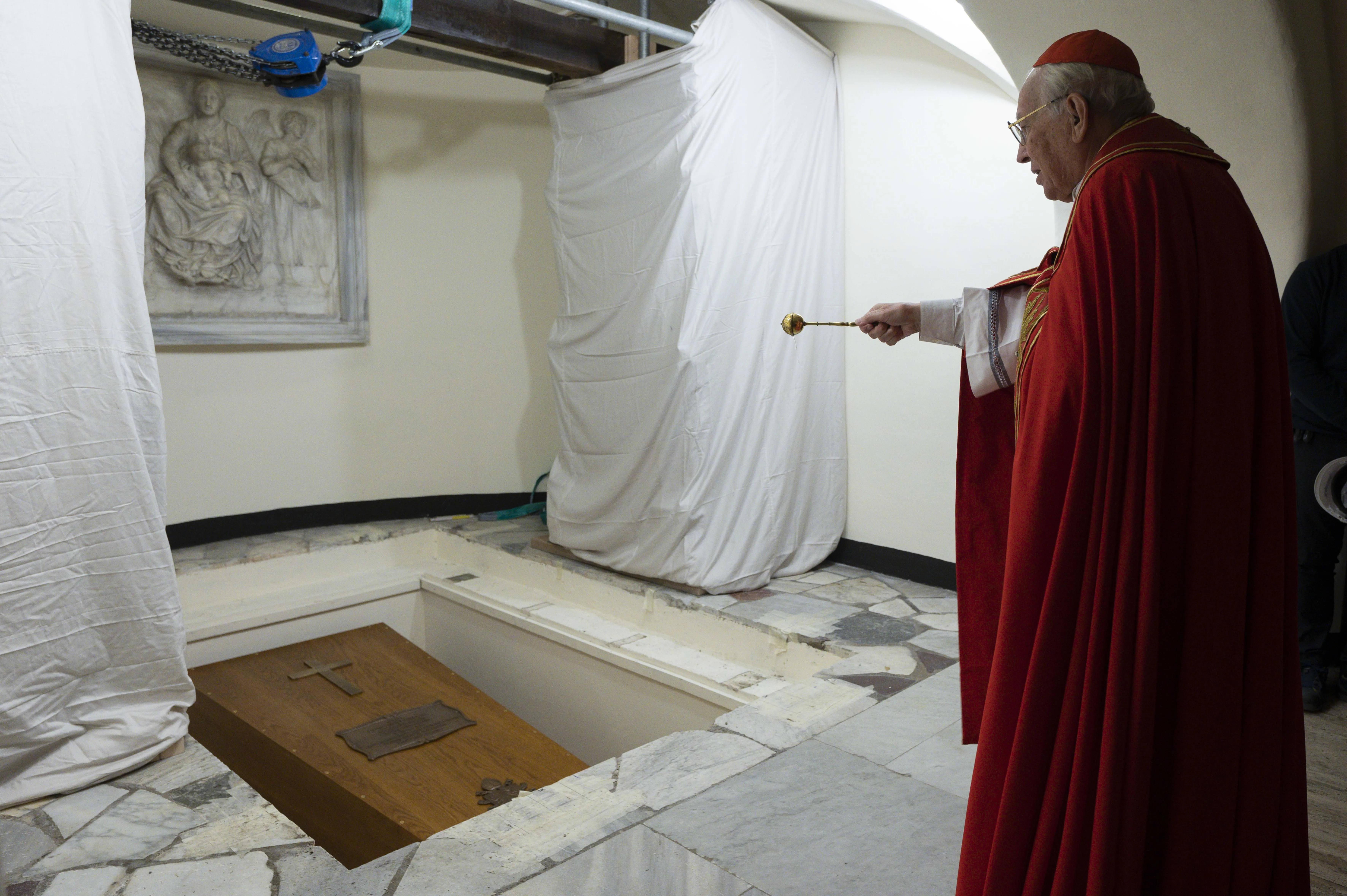 The coffin of Pope Benedict XVI is prepared for interment in the crypt of St. Peter's Basilica on Jan. 5, 2023.?w=200&h=150