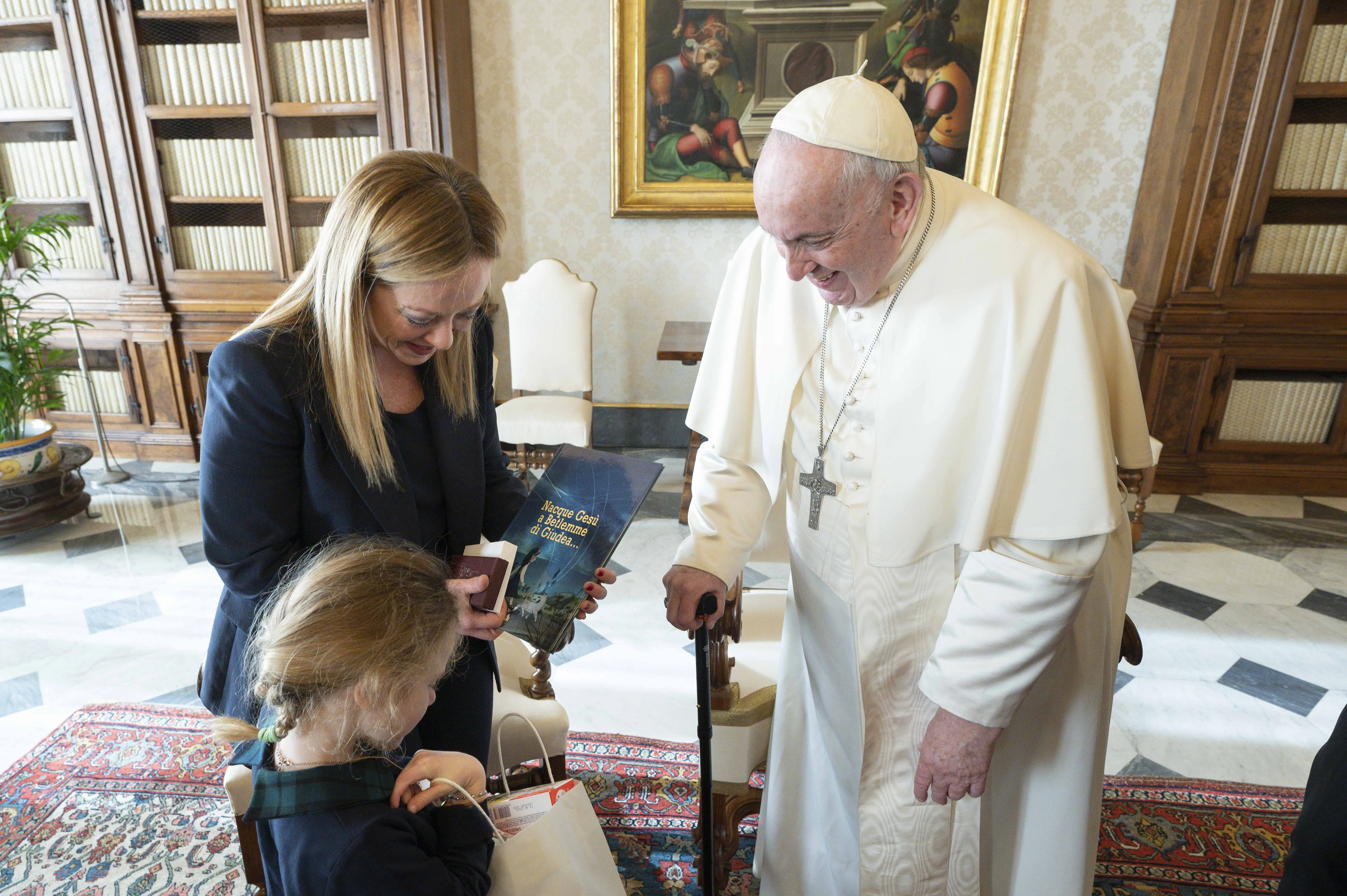 Italian Giorgia Meloni; her daughter, Ginevra Giambruno; and Pope Francis meet in the apostolic palace on Jan. 10, 2023. Credit: Vatican Media